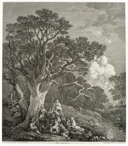 ジプシーが火の周りに集まった樹木が茂った風景 作： Thomas Gainsborough