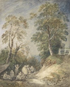 ジプシーの野営地のある樹木が茂った風景、c.1760-65（紙に鉛筆とチョークで水彩とガッシュ） 作： Thomas Gainsborough