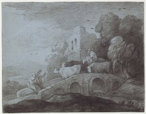 牧夫の運転牛と森の風景（紙にエッチング） 作： Thomas Gainsborough