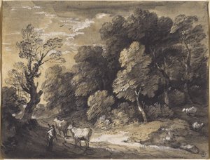 牧夫と牛のいる森の風景、c.1775-80（黒いチョークと灰色がかった黒の洗面、敷き紙の上に白いガッシュで強調） 作： Thomas Gainsborough