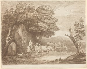 2 つのカントリー カートとフィギュアのある樹木が茂った風景 作： Thomas Gainsborough