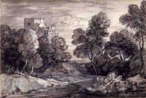 城のある森の風景」（紙にチョークと木炭） 作： Thomas Gainsborough