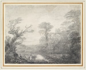 牧夫、牛、教会の塔のある森の風景 作： Thomas Gainsborough