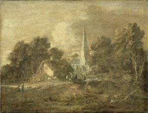 1770-72年初頭の村の風景のある緑豊かな風景 作： Thomas Gainsborough