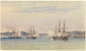 中国戦争（1857年）、3隻のHM艦が砲撃し、艦艇が接岸する 作： Thomas Goldsworth Dutton