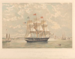 ニューヨーク・アンド・ロンドン・パケット船ヴィクトリア号（ニューヨーク港に入港）1839-44年頃（リトグラフ、彩色済み） 作： Thomas Goldsworth Dutton