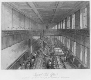 一般郵便局。新聞の発送を手配するレターキャリアルーム、c1841 作： Thomas H. Ellis