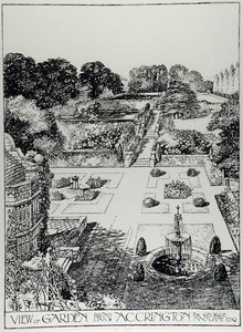The Art and Craft of Garden Making」（Thomas Mawson著、1900年刊）より、AccringtonのBroad Oakにある庭園の眺め（彫刻）（モノクロ写真 作： Thomas Hayton Mawson