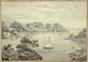 海岸近くの家と湖のセーリング ボート 作： Thomas Hearne