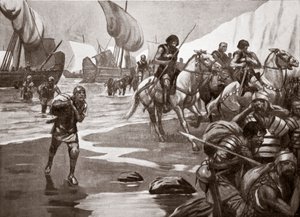 カエサルの第二次上陸、紀元前54年、「ハッチンソンのイギリス国家物語」の挿絵、1920年頃（リトグラフ）。