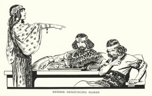 ハマンを糾弾するエステル（リトグラフ） 作： Thomas Heath Robinson