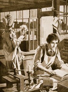 百科事典を読む書店見習いのマイケル・ファラデー（リトグラフ）