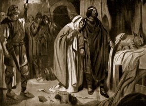 ウェセックス王国のイネに王位を辞するよう説得するエセルブルガ女王、728年、「ハッチンソンの英国国家物語」の挿絵、1920年頃（リトグラフ）。