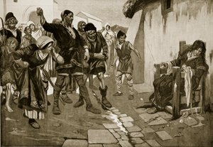 ノルマン時代のカッキング・スツール、「ハッチンソンの英国国家物語」の挿絵、1920年頃（リトグラフ）。