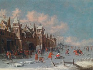 オランダの都市の門の外で氷上を滑るスケーターたち