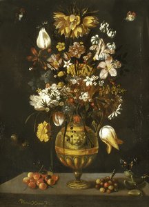 テーブルの上のさくらんぼ、木イチゴ、アーモンドの入ったゴールデンブロンズの花瓶 作： トーマス・ヒエプス
