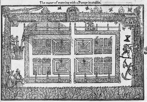 庭師のラビリンス、1577年から、水槽でポンプで水をまくマナー 作： Thomas Hill