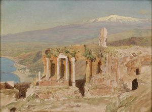 シチリア島のタオルミーナとエトナ山のギリシャ劇場の遺跡の眺め 作： Thomas Hiram Hotchkiss