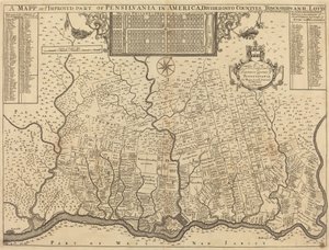 アメリカのペンシルベニア州の改良された部分の地図で、カウンティ、タウンシップ、ロットに分けられています 作： Thomas Holme