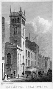 All Hallows Church、ブレッド ストリート、ロンドン、1829 年 作： Thomas Hosmer Shepherd