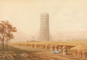 フランス、ブーローニュの足場にあるボナパルトのコラム、畑にハーベスタがいる 作： Thomas Hosmer Shepherd