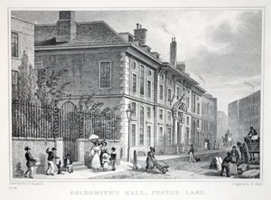 ゴールドスミスホール、フォスターレーン、「ロンドンと19世紀の環境」パブから。 Jones und Co.、1827-1829 作： Thomas Hosmer Shepherd