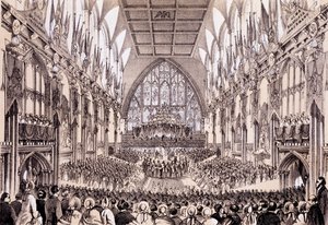 ギルドホールの内部-1855年4月19日、フランスの皇帝および皇后両陛下への演説を示す市長および公社 作： Thomas Hosmer Shepherd