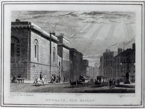 1831年にロバートエイコンによって彫刻されたニューゲート刑務所とオールドベイリー 作： Thomas Hosmer Shepherd