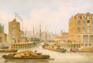 ライムハウス、タワー ハムレッツ、ロンドン、1823 年のリージェンツ運河入口ゲート 作： Thomas Hosmer Shepherd