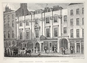 Shaftesbury House、Aldersgate Street、「ロンドンと19世紀の環境」パブから。 Jones und Co.、1827-1829 作： Thomas Hosmer Shepherd