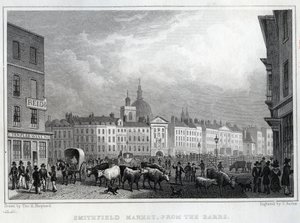 トーマスバーバーが彫刻したバールのスミスフィールドマーケット、1830年頃 作： Thomas Hosmer Shepherd