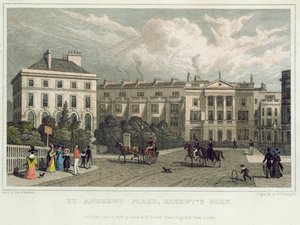 セントアンドリュースプレイス、リージェンツパーク、1828年（カラー彫刻） 作： Thomas Hosmer Shepherd