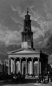 セントパンクラス教会、ウェストフロント、ジェームスティングル1827年の彫刻 作： Thomas Hosmer Shepherd
