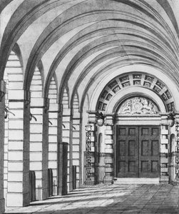 1808年のコヴェントガーデンシアターのピアッツァ入り口（デッサン） 作： Thomas Hosmer Shepherd
