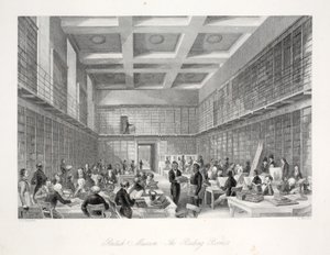 「コスチュームとセレモニーのあるロンドンのインテリア」パブの大英博物館の読書室と図書館。ジョセフミード、ロンドン、1843年頃（鋼の彫刻）