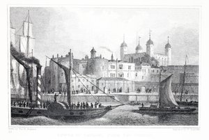 テムズ川、「ロンドンとその周辺19世紀の環境」パブからロンドン塔。 Jones und Co.、1827-1829 作： Thomas Hosmer Shepherd