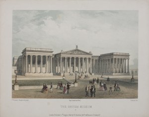 大英博物館の眺め、訪問者が外を歩く、1854年 作： Thomas Hosmer Shepherd