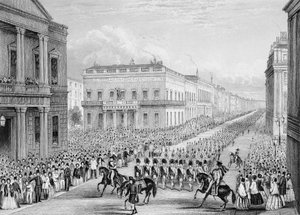 1852年、ロンドンのポール・モールにあるシニア・ユナイテッド・サービス・クラブを通過するウェリントンの葬儀の列 作： Thomas Hosmer Shepherd