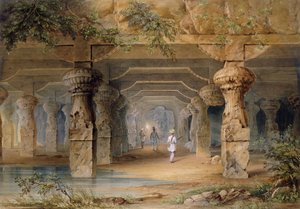 大洞窟の内部、エレファンタ、ボンベイ、19世紀 作： Thomas J. Rawlins