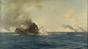 フォークランド諸島海戦における「シャルンホルスト号」沈没、1914年12月8日、1915年頃（キャンバスに油彩） 作： Thomas J. Somerscales