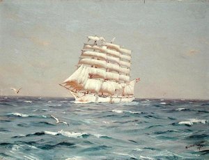帆を張った4本マストのバーク「バイキング」号 作： Thomas J. Somerscales