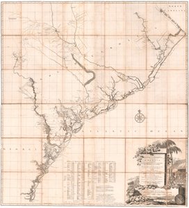 デ・ブラームによるサウスカロライナ州とジョージア州の一部の地図 作： Thomas Jefferys