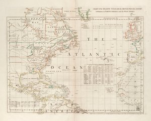 北アメリカ大陸と西インド諸島におけるイギリス、フランス、スペインの入植地を記した大西洋の海図 作： Thomas Jefferys