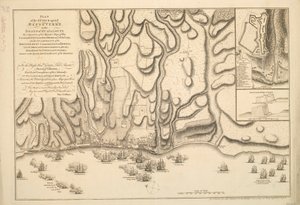 1759年1月22日にムーア提督が指揮した陛下の戦艦隊によるグアダループ島のバセテールに対する攻撃の計画。 作： トーマス・ジェフリーズ