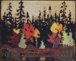 ブラックスプルースとメープル、1915年（木製パネルに油彩） 作： Tom Thomson