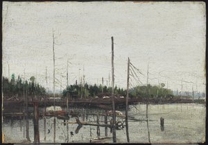 溺れた土地、1912年（紙に油彩（エンボス加工のキャンバスのテクスチャを使用）、木の上） 作： Tom Thomson