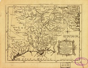 ルイジアナ州はかつてフランスによって領有され、現在はミシシッピ川の東にイギリス領アメリカの一部、西にスペイン領アメリカを含む。LOC 77690498