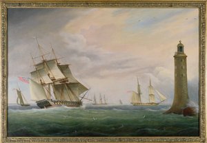 エディストーン灯台を通過するフリゲート艦と海軍旅団 作： Thomas L. Hornbrook