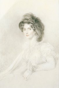 エリザベスの肖像、デボンシャー公爵夫人（1758-1824）、着席、ハーフレングス、大きな羽毛の帽子（鉛筆、紙に黒と赤のチョーク）をかぶっている 作： Thomas Lawrence