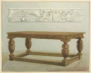 造幣局（現セント・ピーターズ・ホスピタル）大部屋のカウンシル・テーブル（水彩・紙 作： Thomas Leeson the Elder Rowbotham